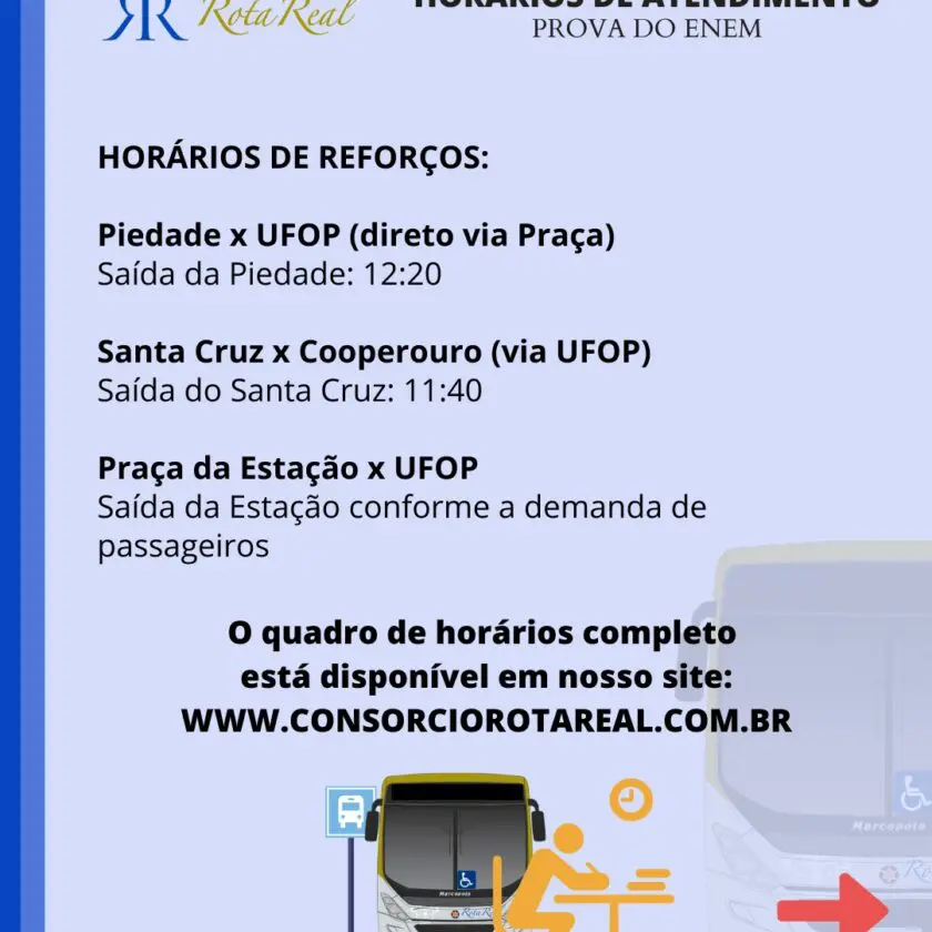 Rota Real anuncia reforços de horário para a prova do ENEM em Ouro Preto