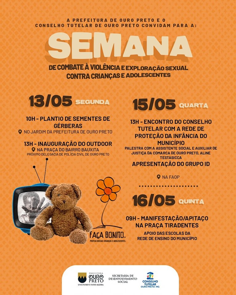 Prefeitura de Ouro Preto promove 'Maio Laranja'; combate à exploração sexual de crianças e adolescentes