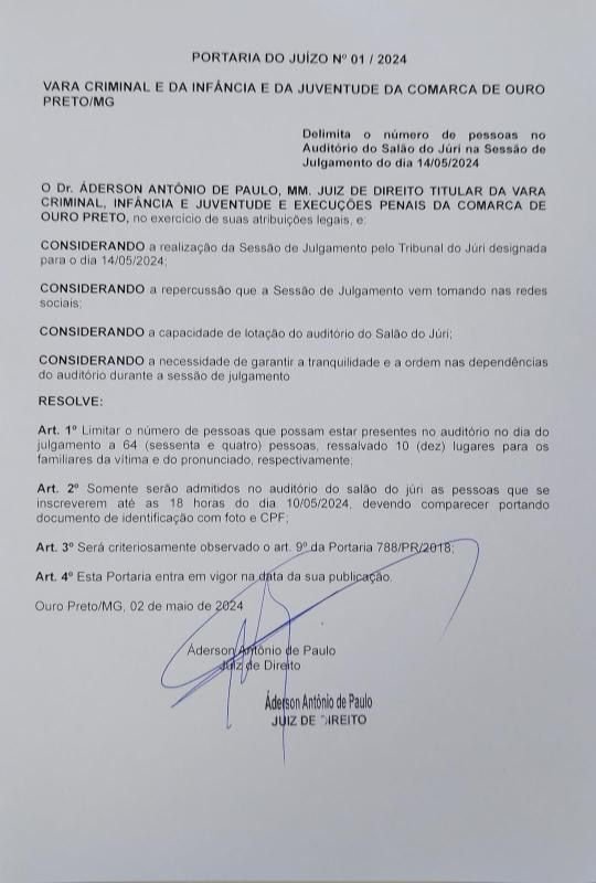 Igor Mendes: fórum de Ouro Preto define regras para pessoas assistirem júri