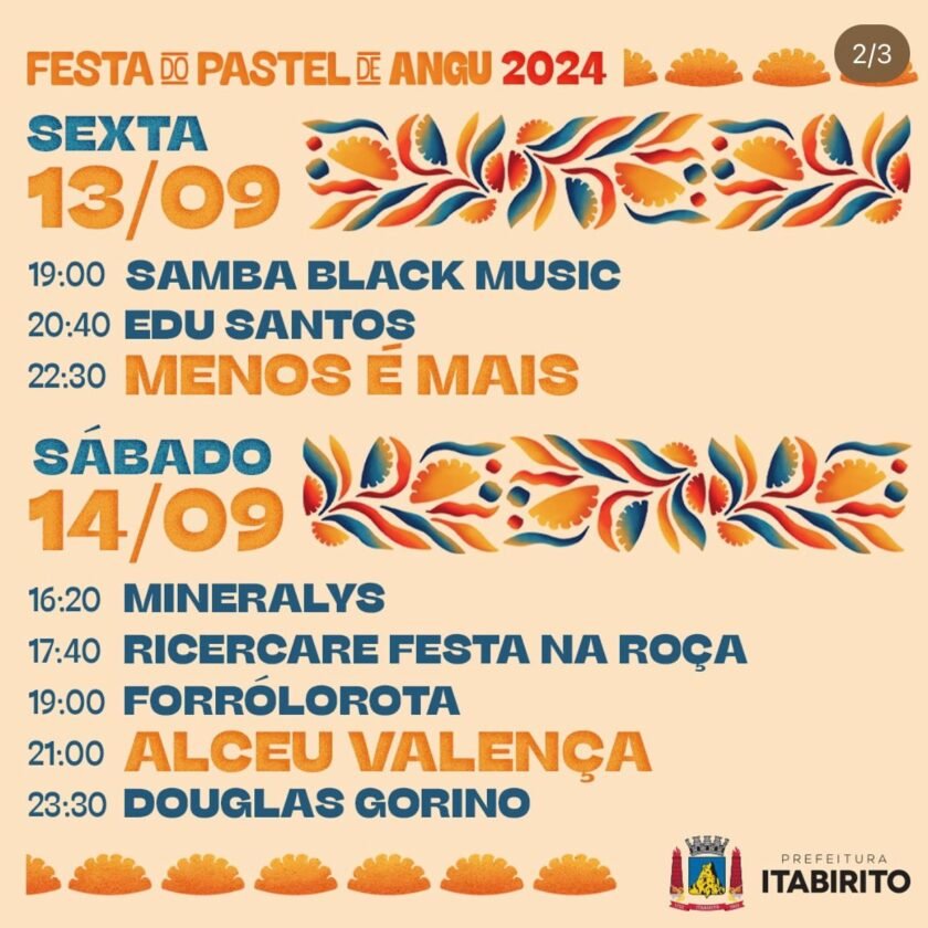 Itabirito recebe Menos é Mais, Alceu Valença e Matheus e Kauan; a programação da Festa do Pastel de Angu 