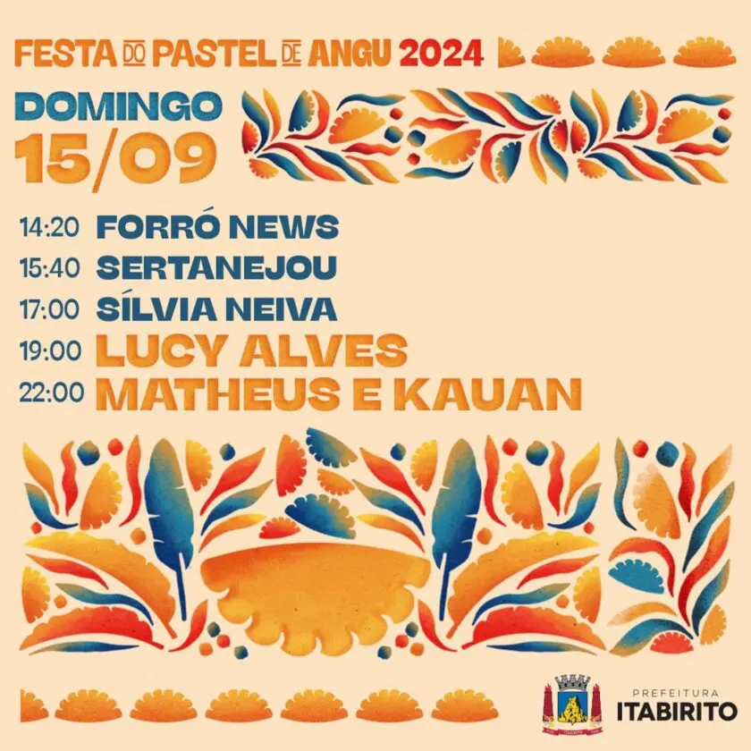 Itabirito recebe Menos é Mais, Alceu Valença e Matheus e Kauan; a programação da Festa do Pastel de Angu