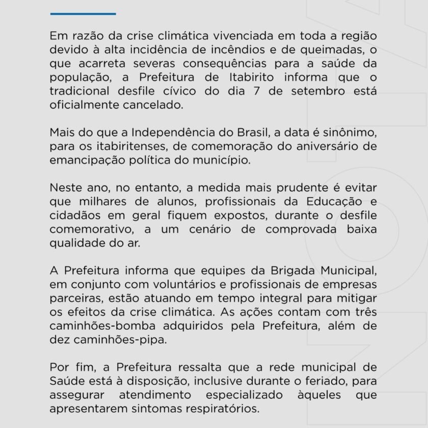 Queimadas: Prefeitura de Itabirito cancela eventos cívicos e de aniversário da cidade