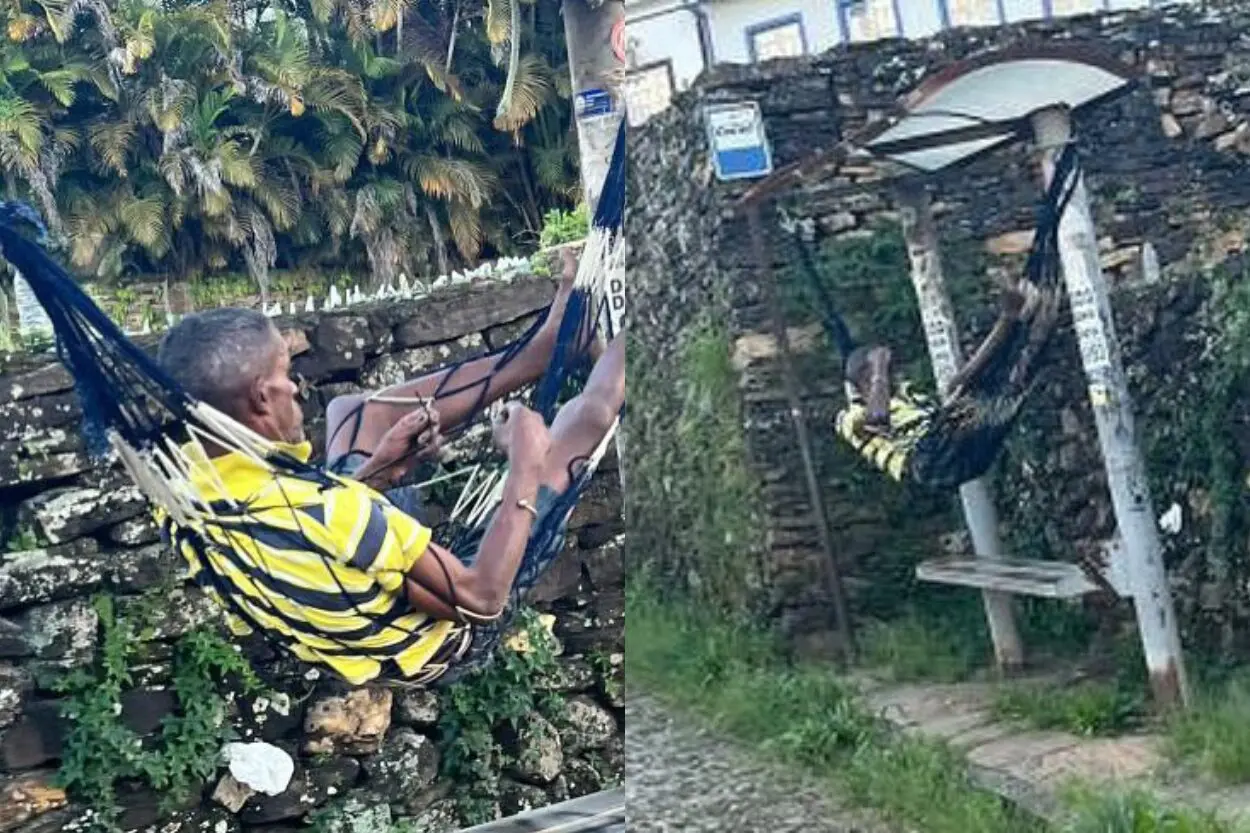 'Parada tranquila': homem instala rede em ponto de ônibus em Ouro Preto