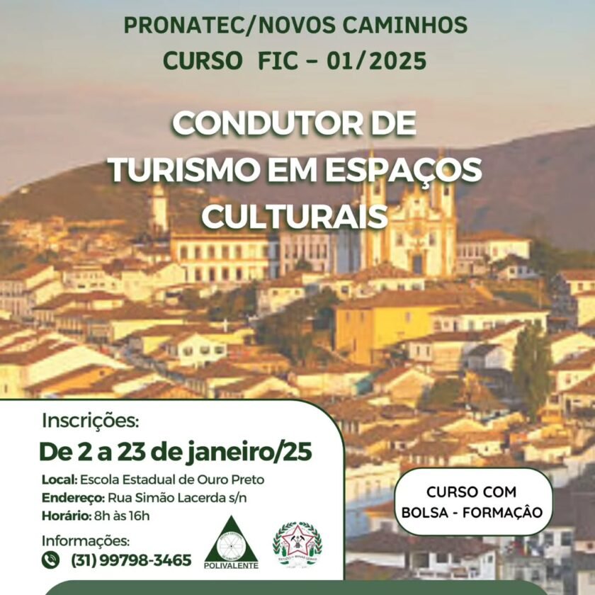 Vagas para curso de Guia de Turismo com 40 vagas em Ouro Preto, com bolsa-formação