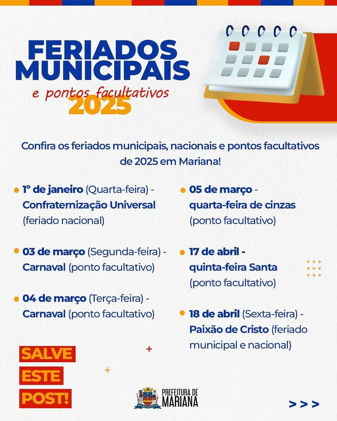 Prefeitura de Mariana divulga calendário de feriados e pontos facultativos de 2025