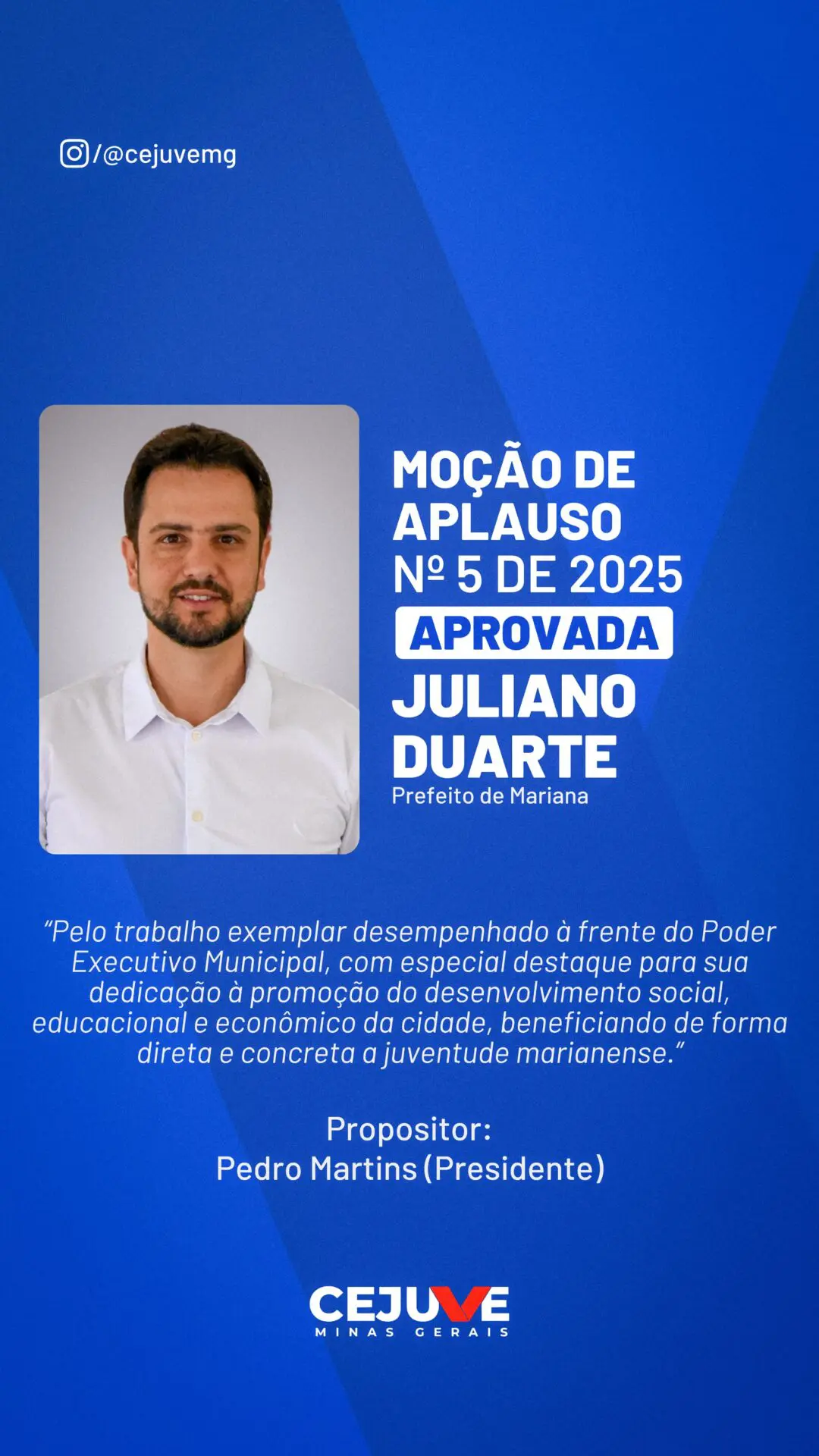 Prefeito de Mariana será homenageado pelo Conselho Estadual da Juventude