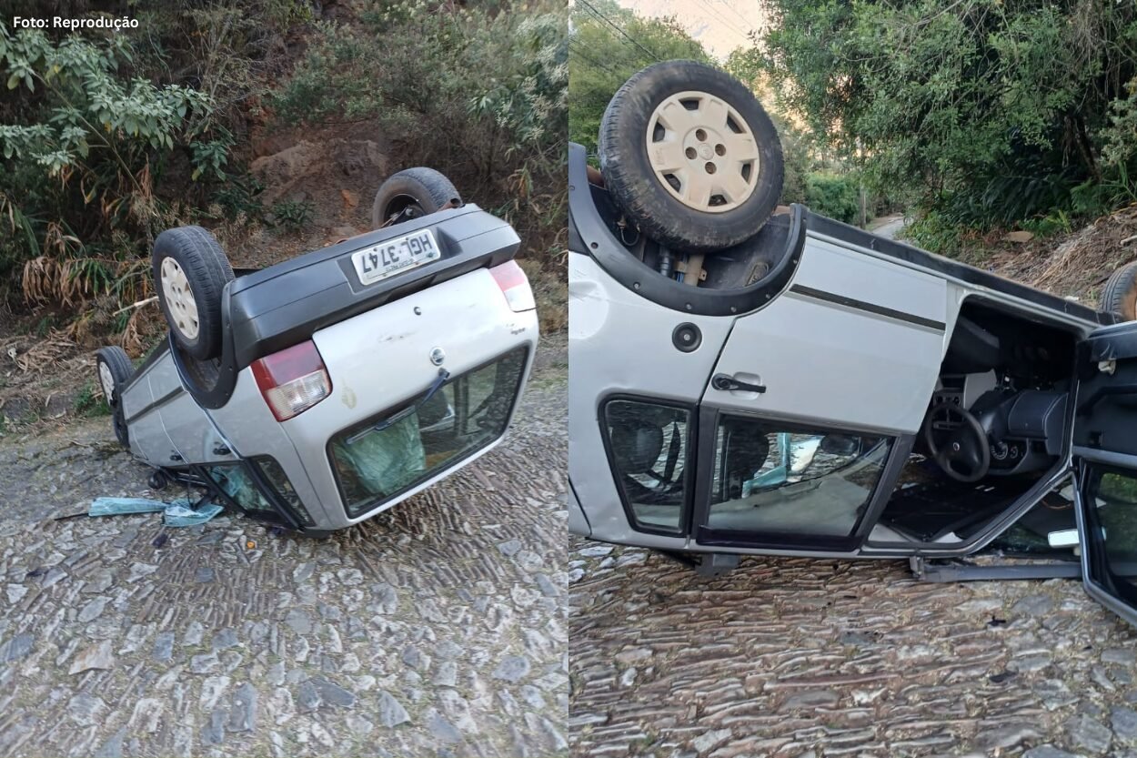 Carro capota e para de cabeça para baixo em ladeira de Ouro Preto