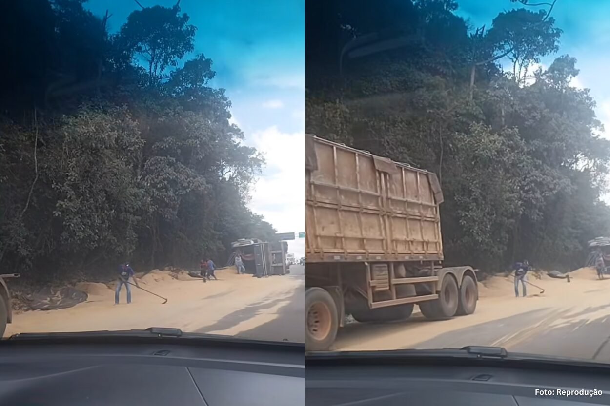 Carreta de areia tomba no Trevo de Ouro Preto