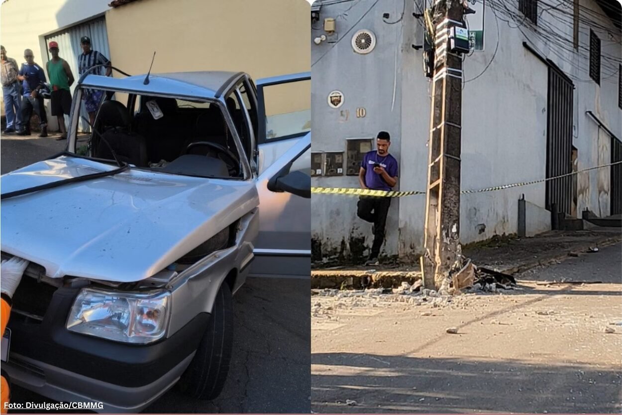 Mulher é lançada para fora de carro após batida em poste em Mariana