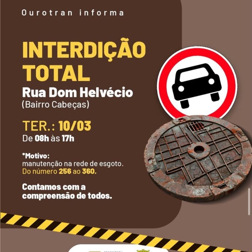 Rua de Ouro Preto será interditada nesta terça para obra na rede de esgoto