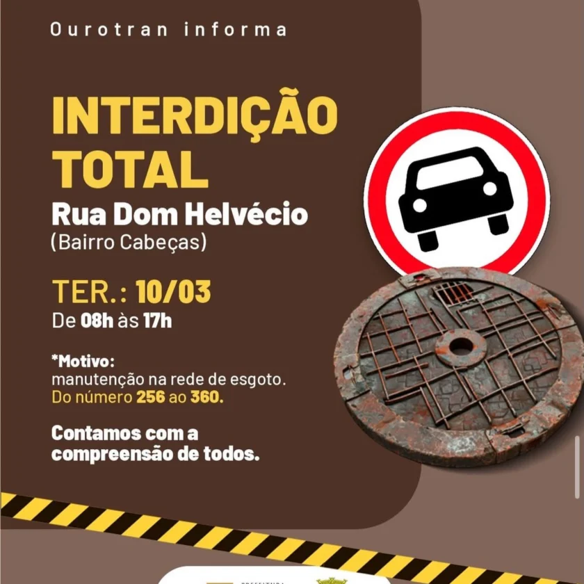 Rua de Ouro Preto será interditada nesta terça para obra na rede de esgoto