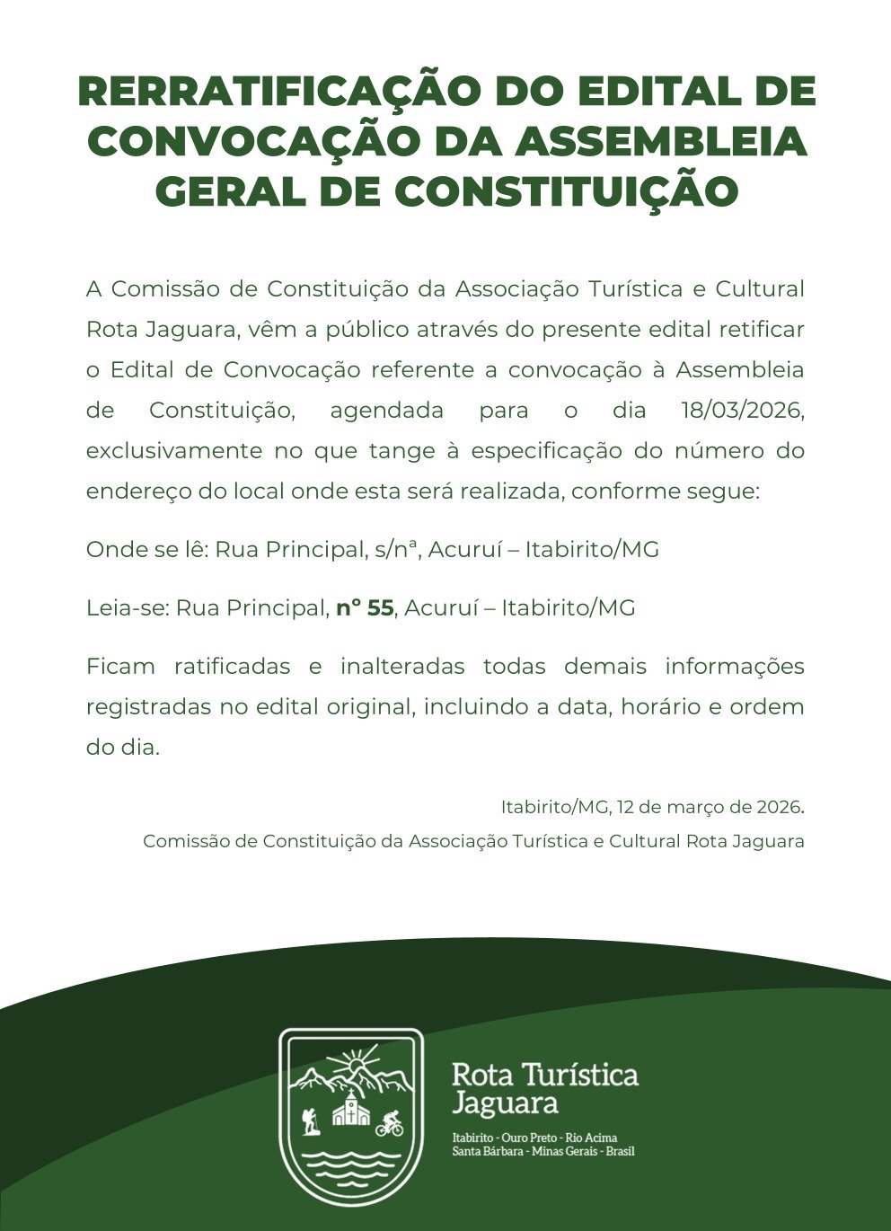 Edital de assembleia para criação da Associação Turística e Cultural Rota Jaguara é retificado