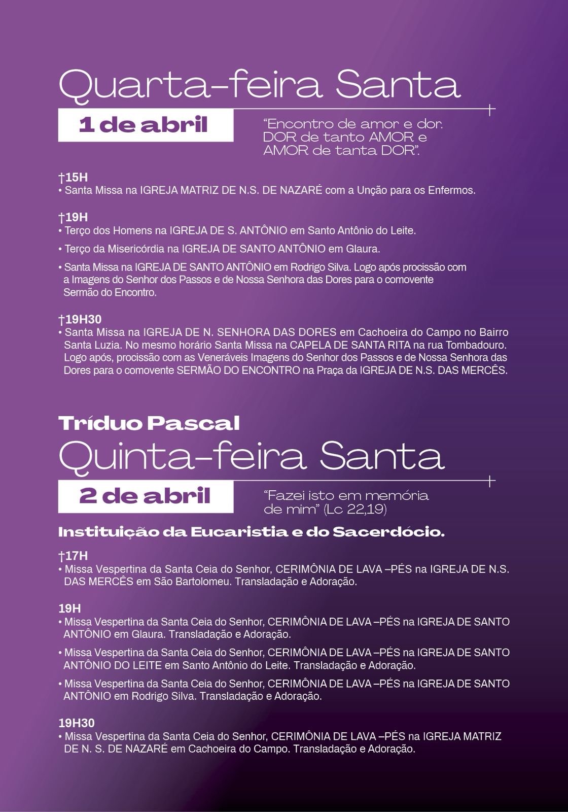 Paróquia de Nossa Senhora de Nazaré divulga programação da Semana Santa 2026 em Cachoeira do Campo