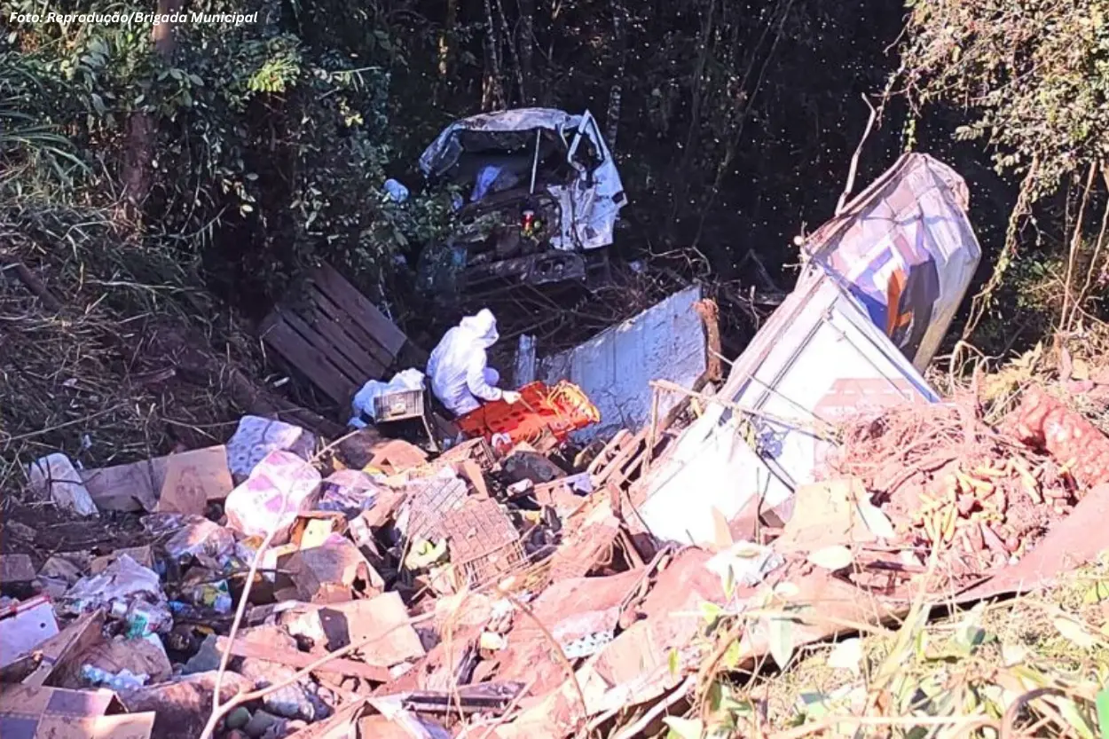 Motorista fica ferido após caminhão cair em ribanceira na BR-356, em Itabirito